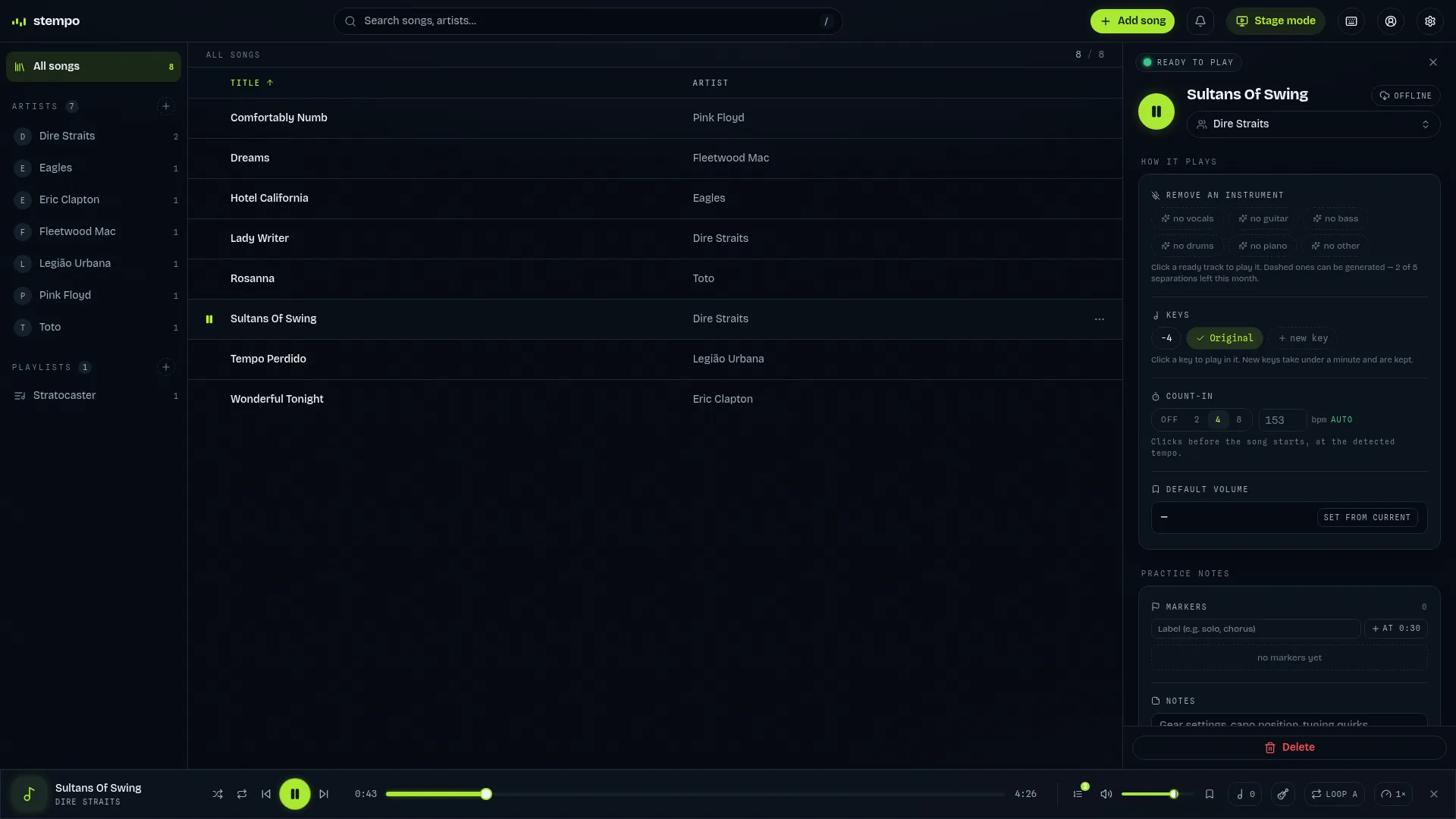 A song open in Stempo — key chips, instrument removal, section markers and per-song notes in the inspector panel