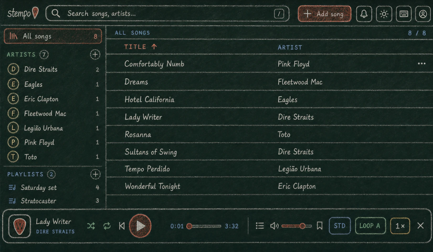 A biblioteca atual do Stempo — músicas, artistas, playlists e controles completos de estudo