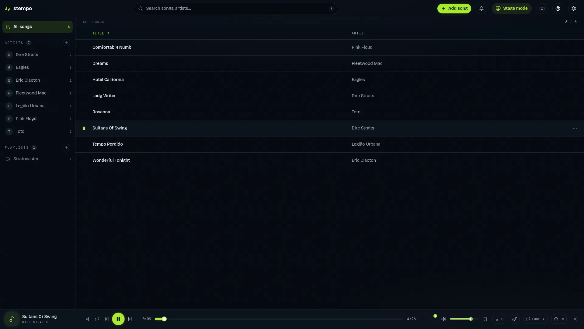 The Stempo library — songs listed with play controls, artists and playlists in the sidebar